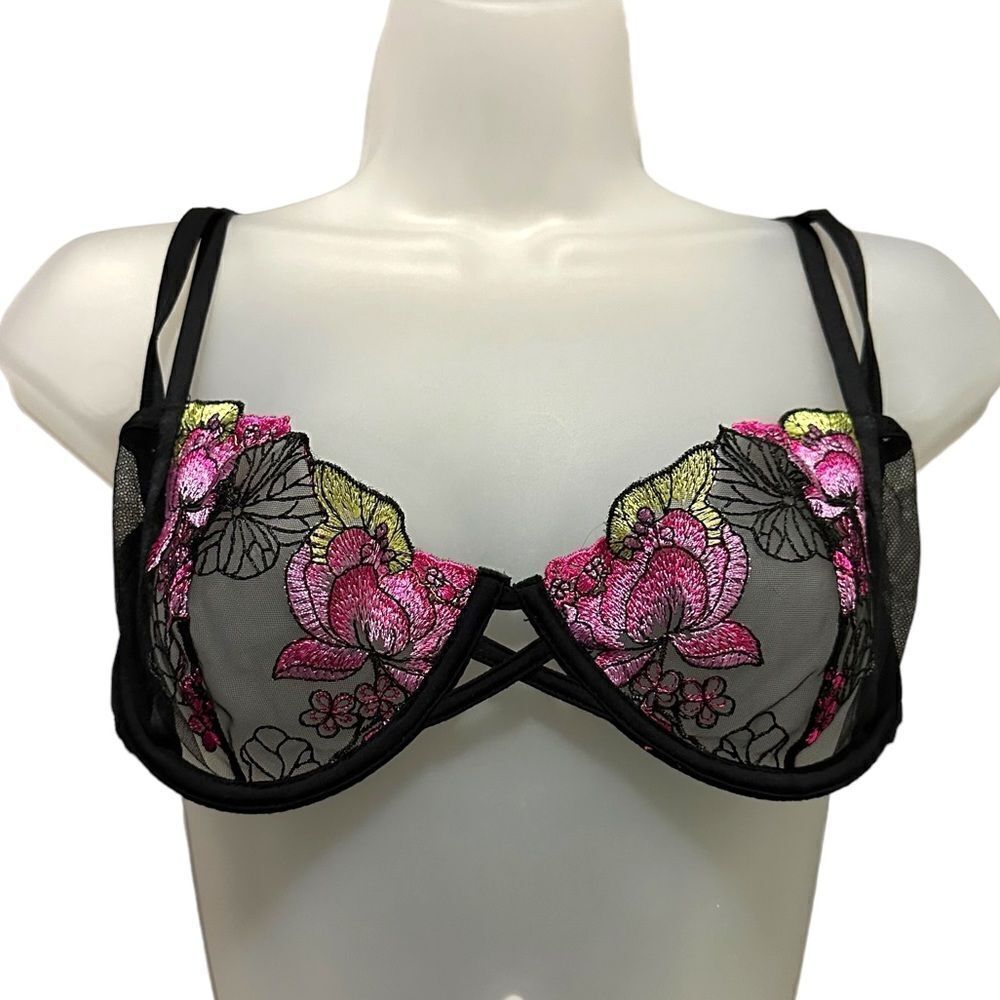Victoria Secret PINK Floral Lace Sheer Sexy Romantic Black Pink Lingerie Bra